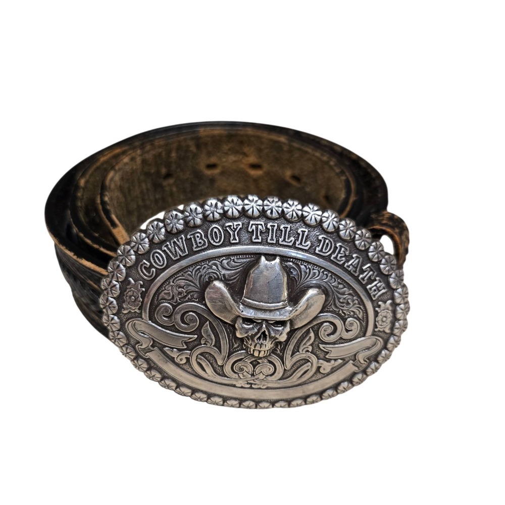 Crumrine Western Belt Buckle  Cowboy Till Death Silver Creek Belt Black 36‎